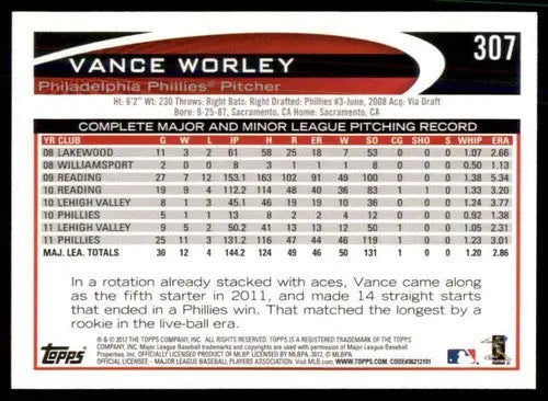 Vance Worley baseball card with original gloss, 2012 Topps #307 Vance Worley NM-MT