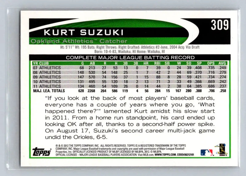 Kurt Suzuki baseball card 309a Kurt Suzuki Oakland Athletics collectible collectible