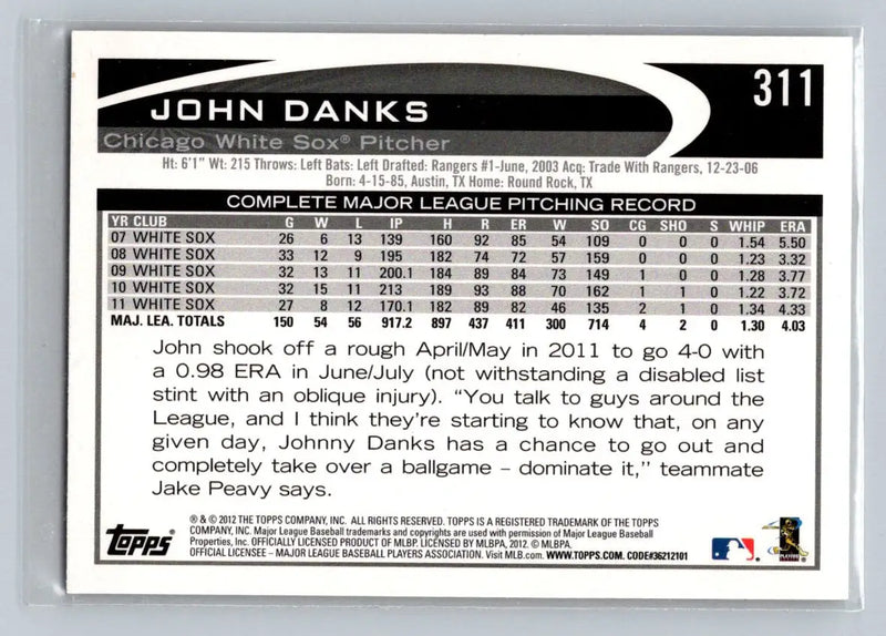 2012 Topps john danks baseball card featuring john danks of the chicago white sox