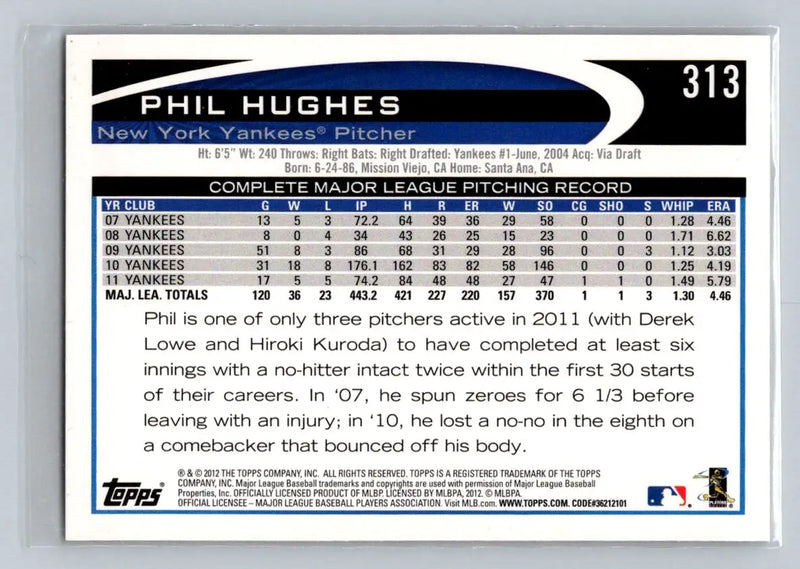 Phil Hughes baseball card 2012 Topps 313a Phil Hughes New York Yankees collectible
