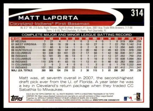 2012 Topps #314 Matt LaPorta NM-MT Indians ID:72306 - Baseball Card Single