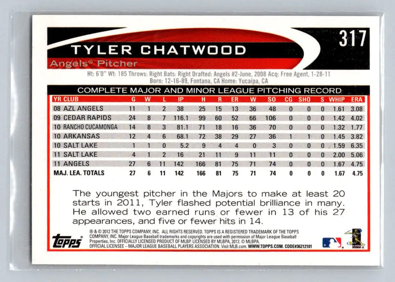 Baseball card of Tyler Chatwood 317a Los Angeles Angels 2012 Topps #317a