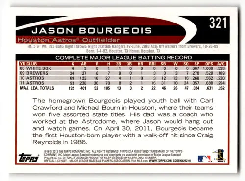 2012 Topps Jason Bourgeois baseball card with original gloss Astros ID:59156