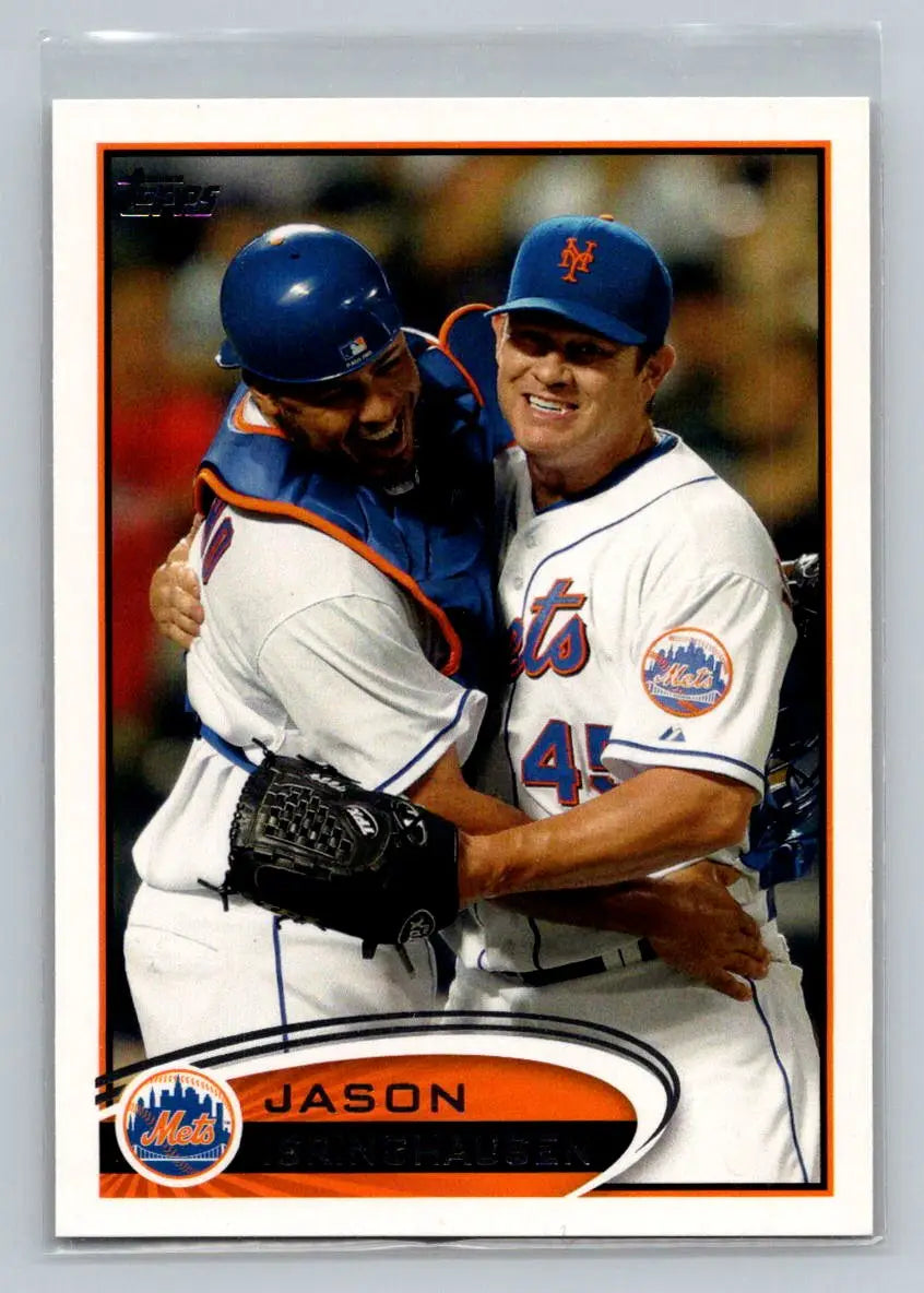 Baseball card featuring Jason Isringhausen embracing another player from 2012 Topps #323a