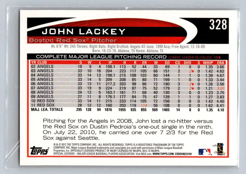 2012 Topps john lackey baseball card 328a john lackey Boston Red Sox collectible