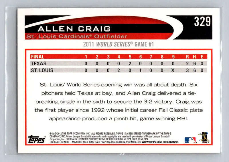 Allen Craig baseball card from 2012 Topps #329 featuring St. Louis Cardinals player