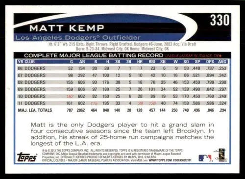 2012 Topps #330 Matt Kemp NM-MT Dodgers ID:81500 - Baseball Card Single
