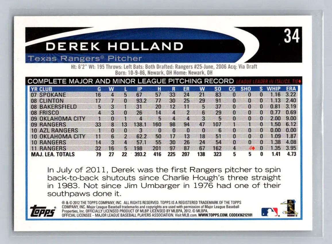 Derek Holland 2012 Topps #34a baseball card featuring the Texas Rangers