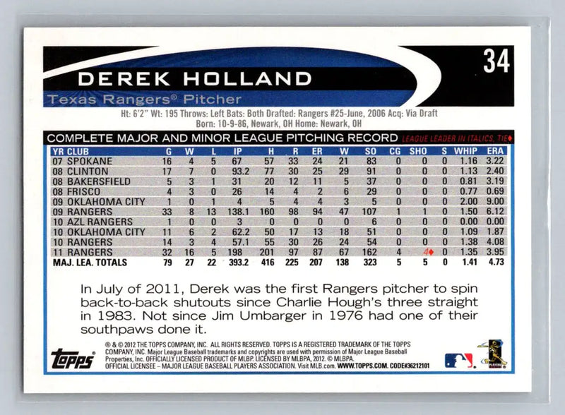 Derek Holland 2012 Topps #34a baseball card featuring the Texas Rangers