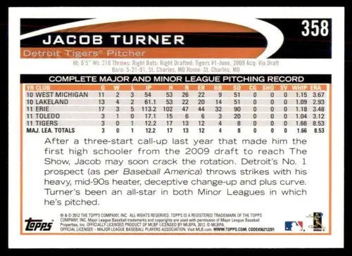 Original gloss Jacob Turner baseball card 2012 Topps #358 Jacob Turner NM-MT Tigers
