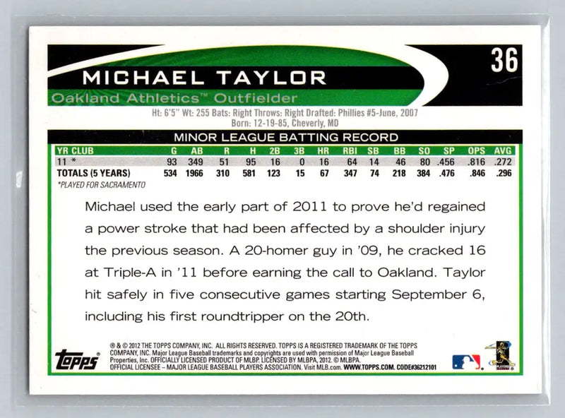 Michael Taylor baseball card 2012 Topps #36b Oakland Athletics Rookie collectible