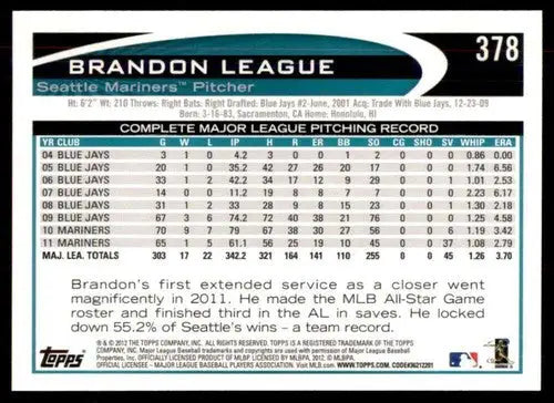 2012 Topps #378 Brandon League NM-MT Mariners ID:72304 - Baseball Card Single