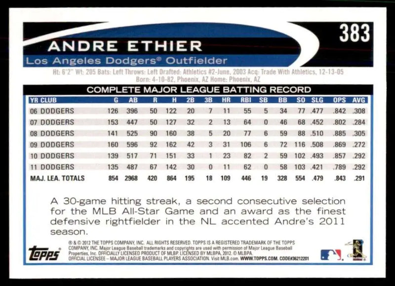 2012 Topps #383 Andre Ethier NM-MT Dodgers ID:81493 - Baseball Card Single