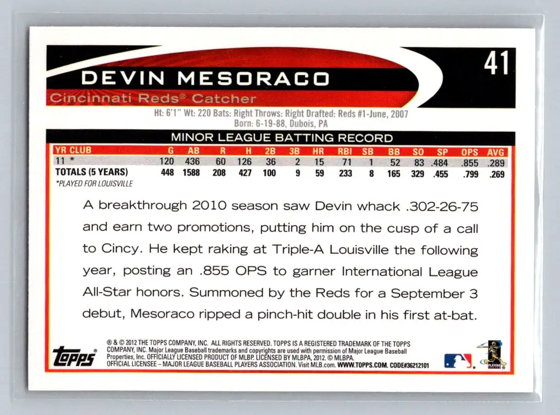 2012 Topps 41b Devin Mesoraco Cincinnati Reds Rookie baseball card for collectors