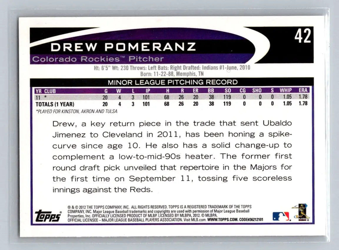 Drew Pomeranz 2012 Topps #42a baseball card featuring Colorado Rockies rookie player