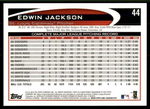 2012 Topps #44 Edwin Jackson NM-MT Cardinals ID:72200 - Baseball Card Single