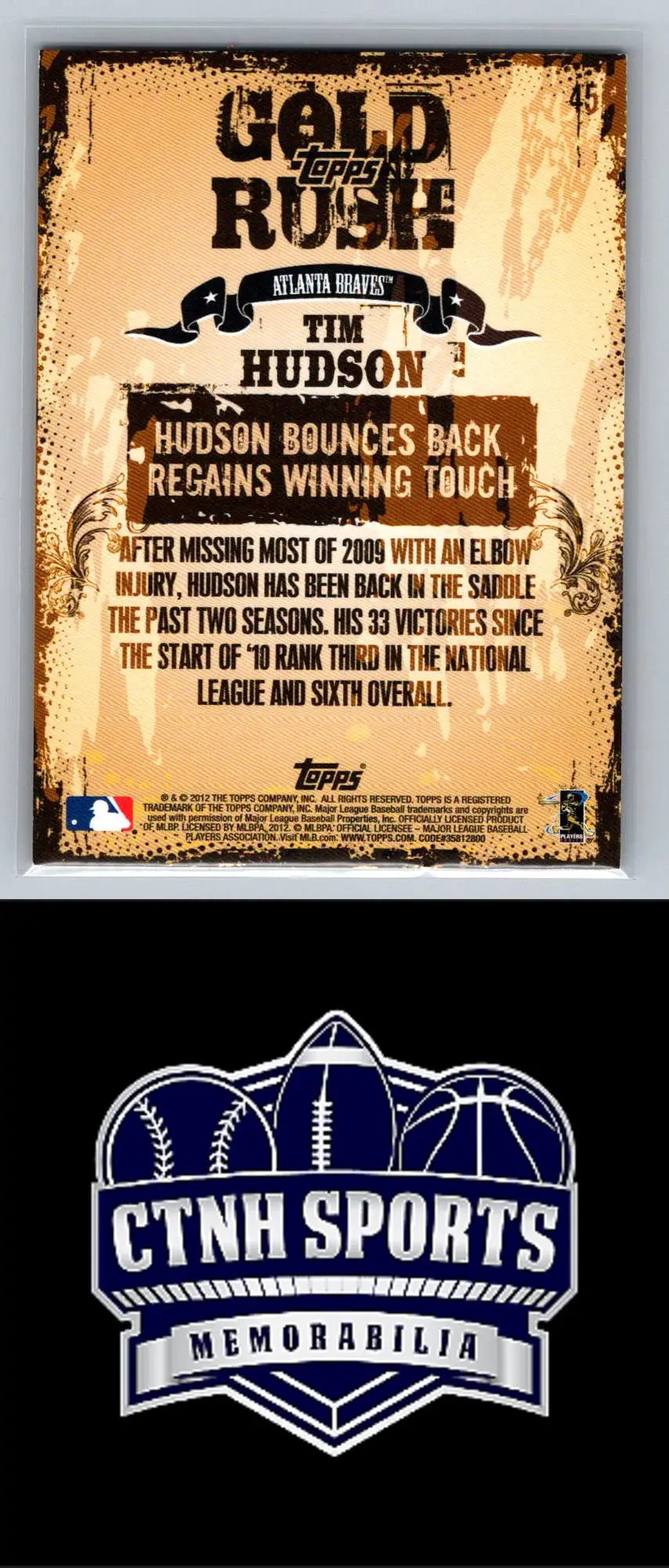 Baseball card of Tim Hudson from 2012 Topps Gold Rush Wrapper Redemption Atlanta Braves