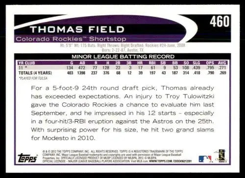 2012 Topps #460 Thomas Field NM-MT RC Rookie Rockies ID:70892 - Baseball Card Single
