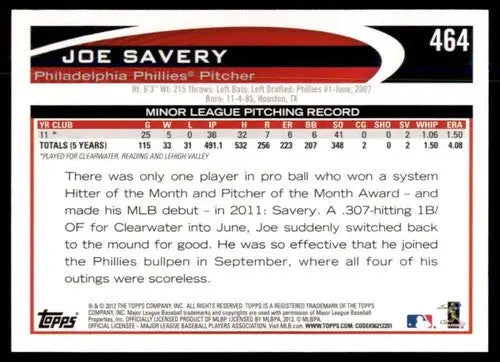 2012 Topps Joe Savery rookie Phillies baseball card with original gloss ID 72999