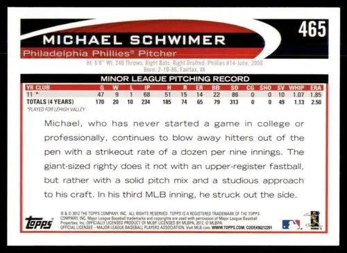 Original gloss Michael Schwimer rookie Phillies baseball card from 2012 Topps series