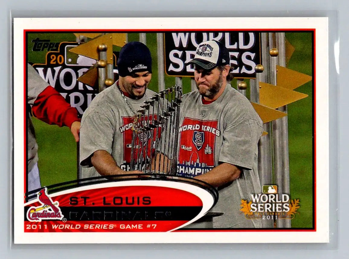 Baseball card showcasing St. Louis Cardinals players with World Series trophy