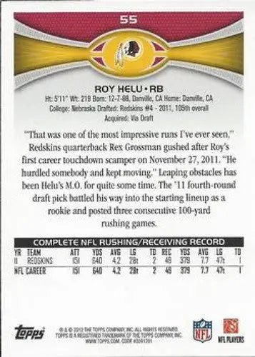 2012 Topps #55 Roy Helu NM-MT Redskins ID:81390 - Football Card Single