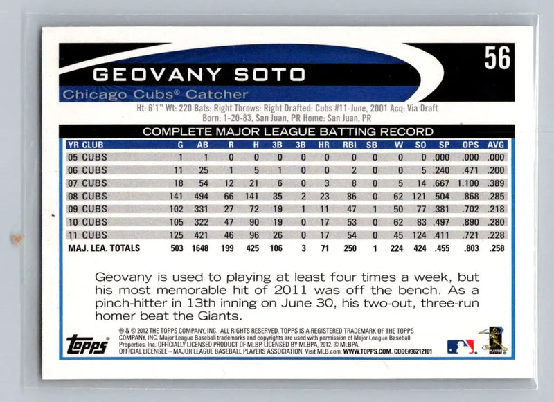 2012 Topps 56b Geovany Soto Chicago Cubs baseball card collectible image
