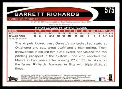 Original gloss Garrett Richards rookie Angels baseball card from 2012 Topps #575