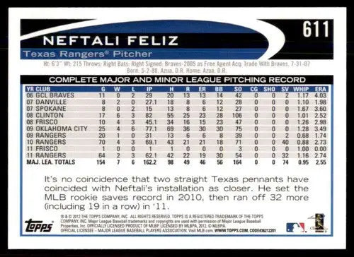 2012 Topps #611 Neftali Feliz NM-MT Rangers ID:71546 - Baseball Card Single