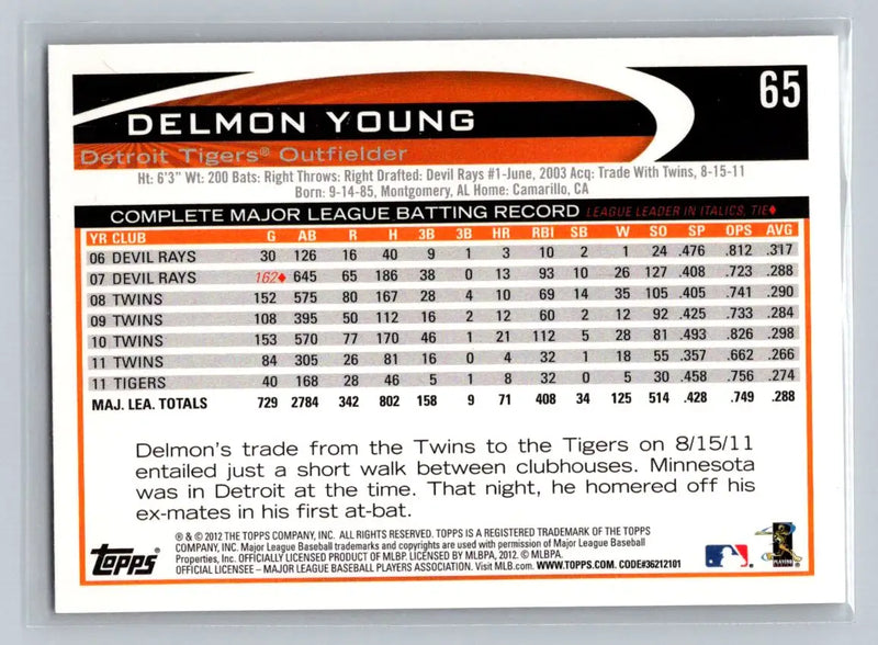 Delmon Young 2012 Topps #65b baseball card featuring the Detroit Tigers