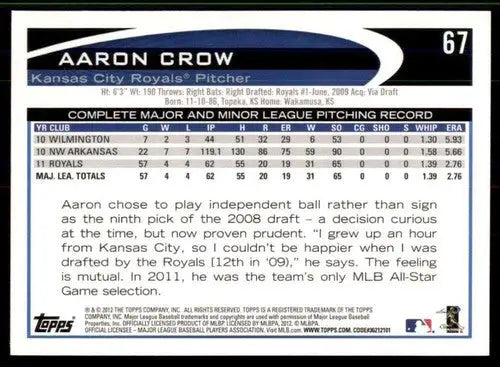 2012 Topps #67 Aaron Crow NM-MT Royals ID:71684 - Baseball Card Single