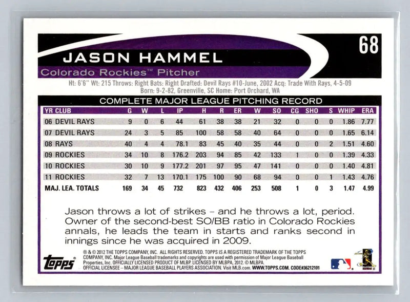 Baseball card back of 2012 Topps 68a Jason Hammel Colorado Rockies collectible