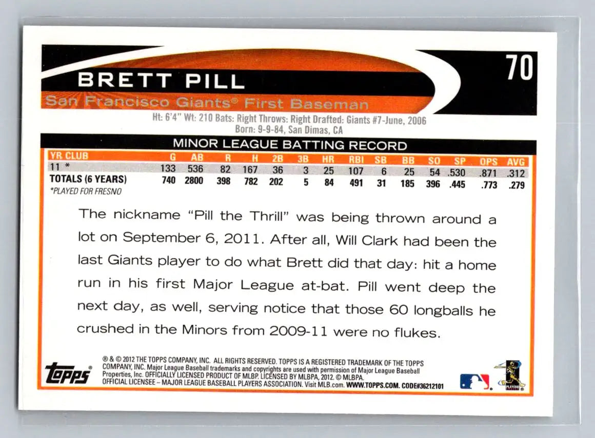 2012 Topps #70a Brett Pill San Francisco Giants Rookie baseball card display