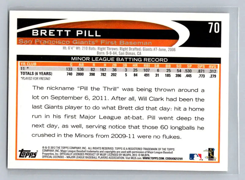 2012 Topps #70a Brett Pill San Francisco Giants Rookie baseball card display