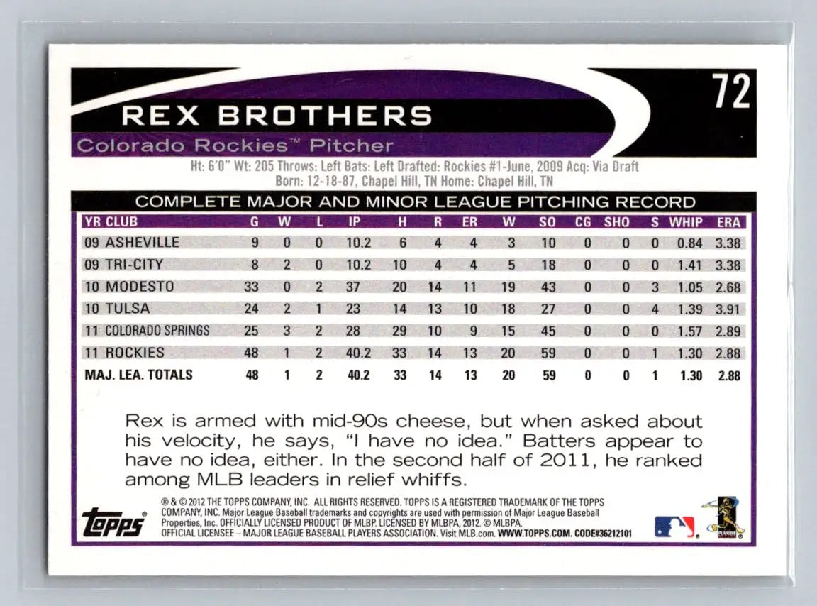 2012 Topps #72b Rex Brothers baseball card featuring the Colorado Rockies pitcher