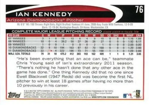 2012 Topps Ian Kennedy baseball card 76a NM-MT Diamondbacks ID 72276