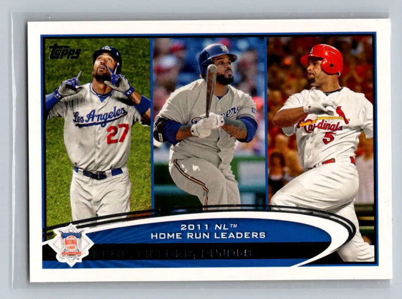 Baseball card of Matt Kemp, Prince Fielder, and Albert Pujols from 2012 Topps #77