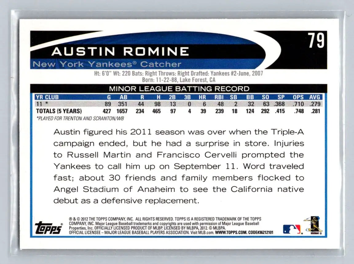 2012 Topps #79a Austin Romine New York Yankees Rookie baseball card display