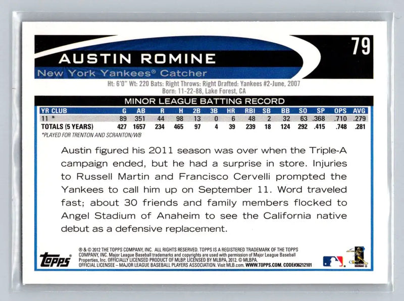 2012 Topps #79a Austin Romine New York Yankees Rookie baseball card display