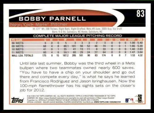 Original gloss Bobby Parnell baseball card 2012 Topps NM-MT Mets ID 72819