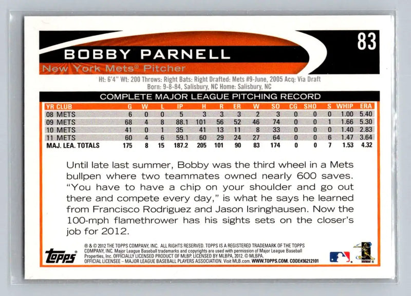 Bobby Parnell 2012 Topps #83a baseball card featuring the New York Mets