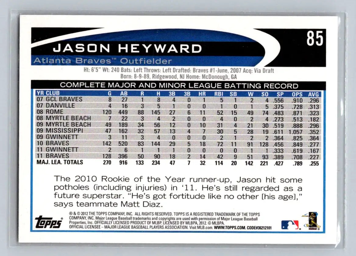 2012 Topps #85b Jason Heyward Atlanta Braves baseball card image for collectors