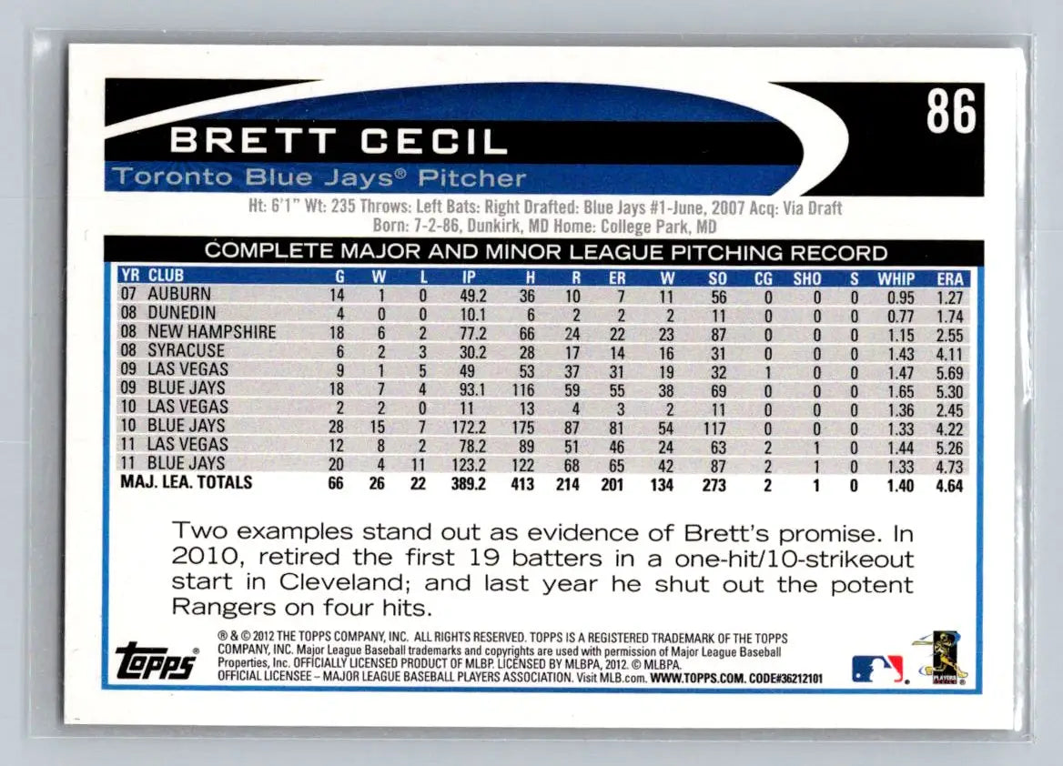 Brett Cecil 2012 Topps #86b baseball card featuring Toronto Blue Jays pitcher