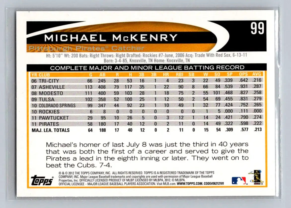 Michael McKenry 2012 Topps #99a baseball card featuring Pittsburgh Pirates player