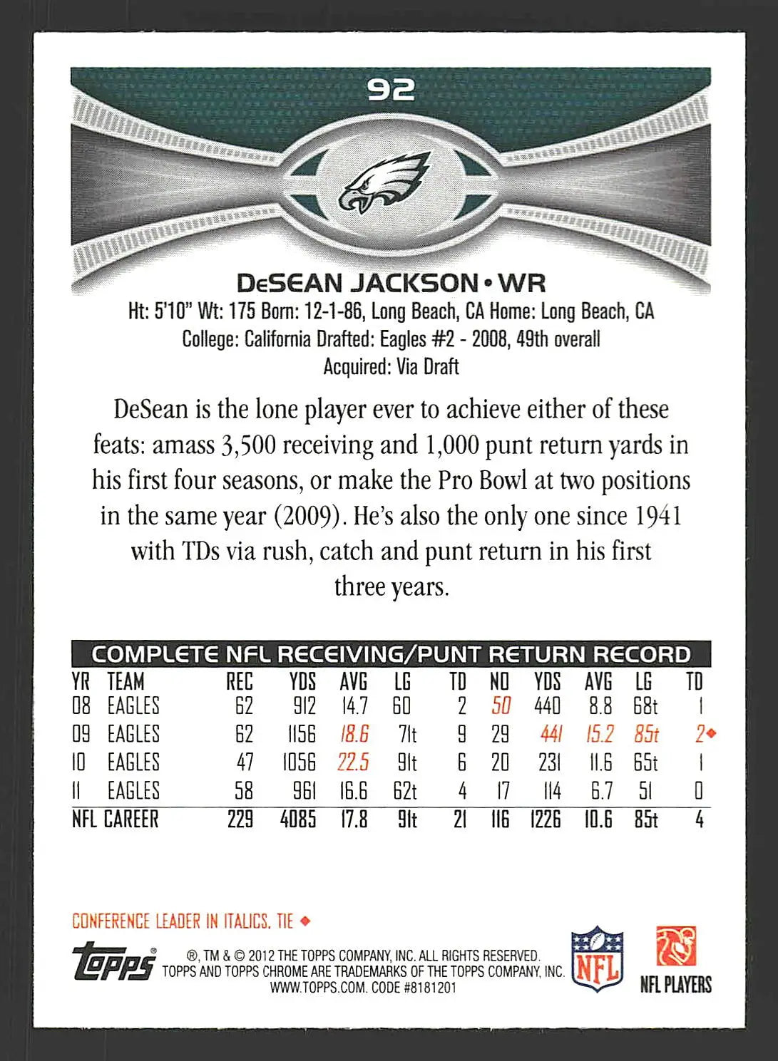 2012 Topps Chrome #92 DeSean Jackson - Football Card Single