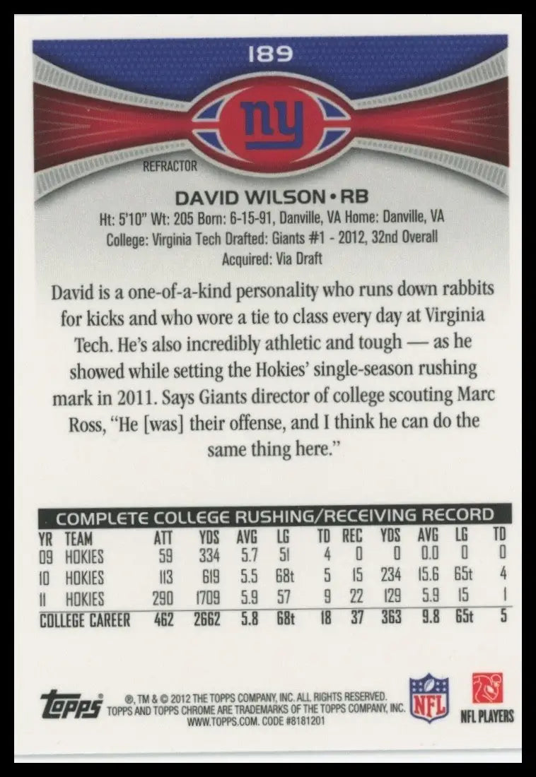 2012 Topps Chrome - David Wilson #189 Refractor (RC) - Football Card Single