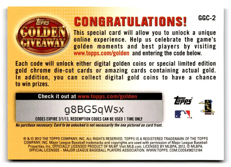 2012 Topps #GGC-2 Troy Tulowitzki Golden Giveaway Code Cards - Baseball Card Single