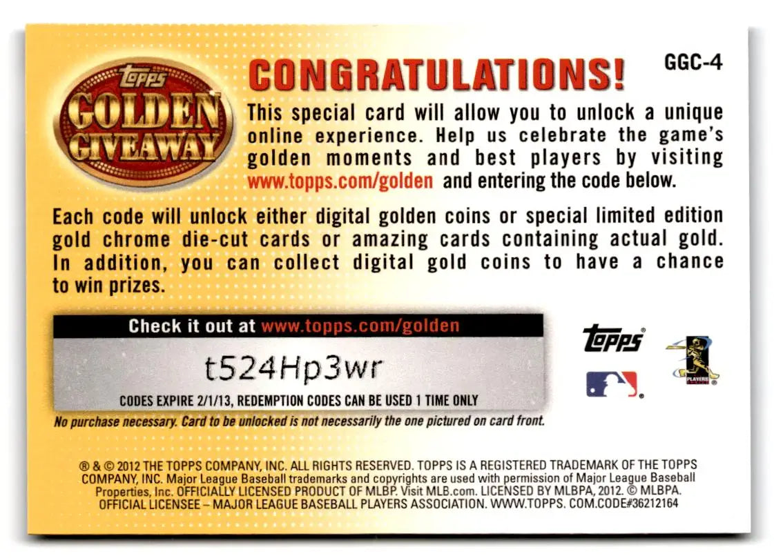 2012 Topps #GGC-4 Roy Halladay Golden Giveaway Code Cards - Baseball Card Single