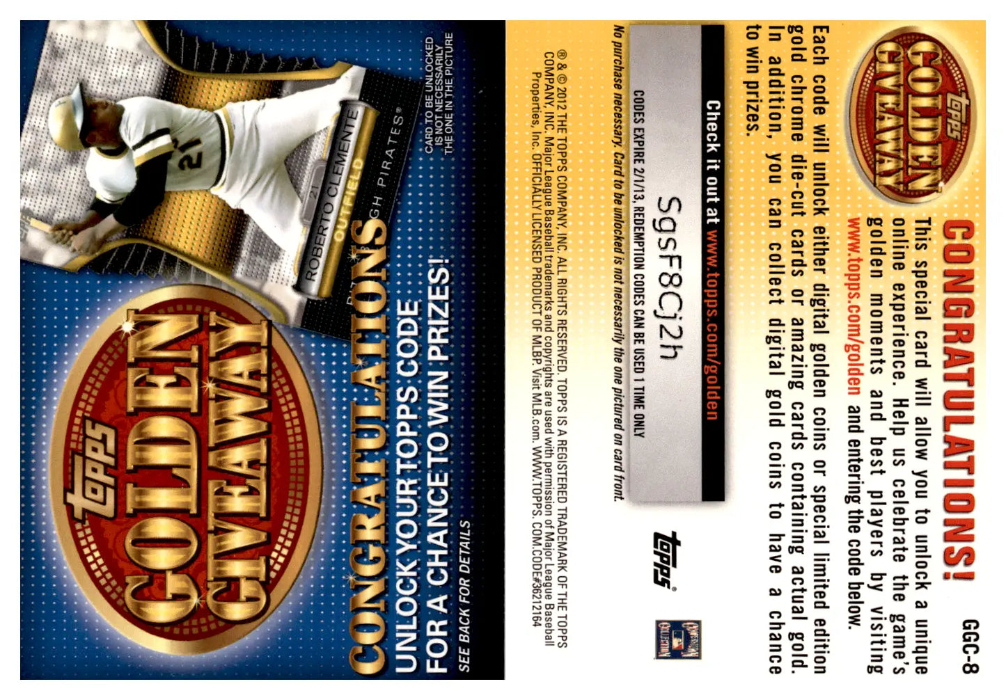 Roberto Clemente Topps Golden Giveaway baseball card from 2012 Golden Giveaway Baseball series