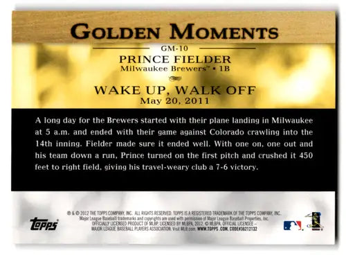 Prince Fielder baseball card from 2012 Topps Golden Moments series in excellent condition